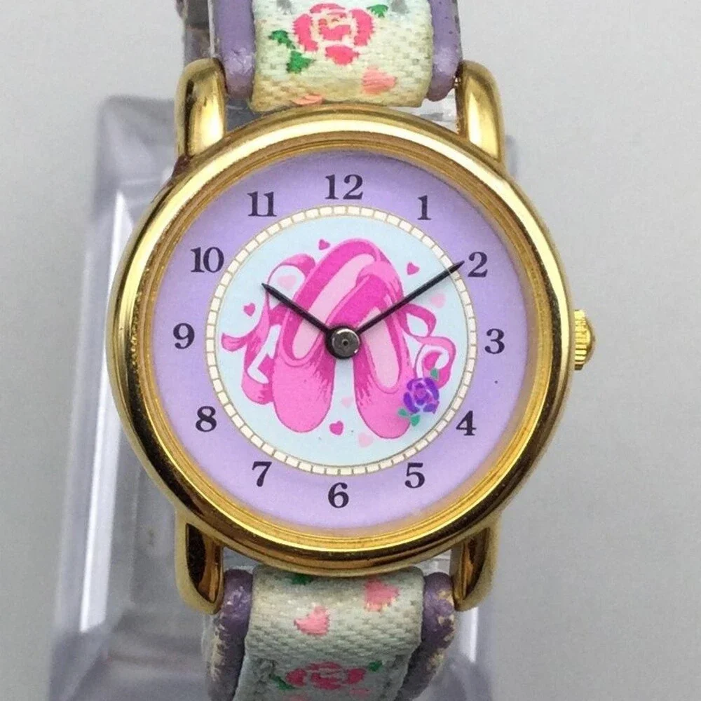 Accutime Girls Watch 26mm Ballet Slippers Gold Tone Floral Leather New Battery